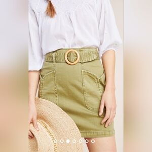 Pilcro Anthropologie 0 green Charlie denim mini skirt wood belt zipper pocket